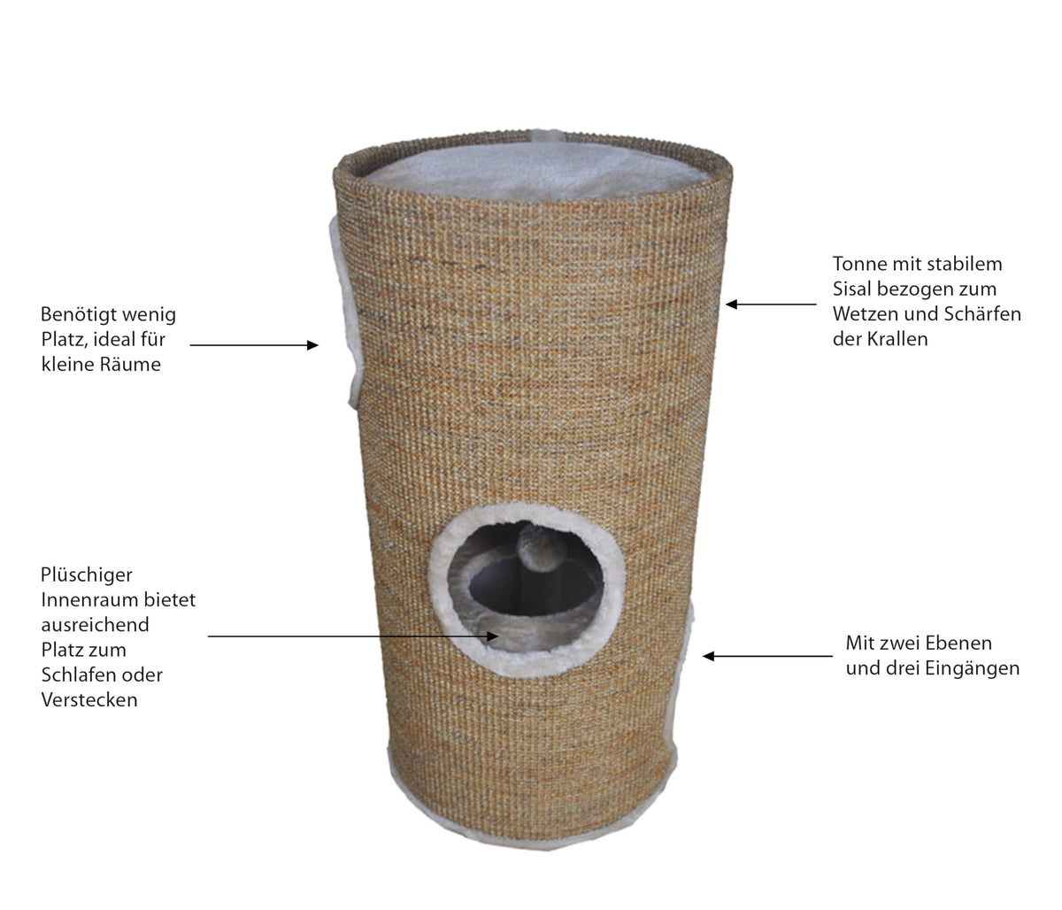 Dehner Tassilo Cat Scratching Barrel and Tower, 2 Levels, 3 Entrances, 36 x 70 cm, Sisal Plush