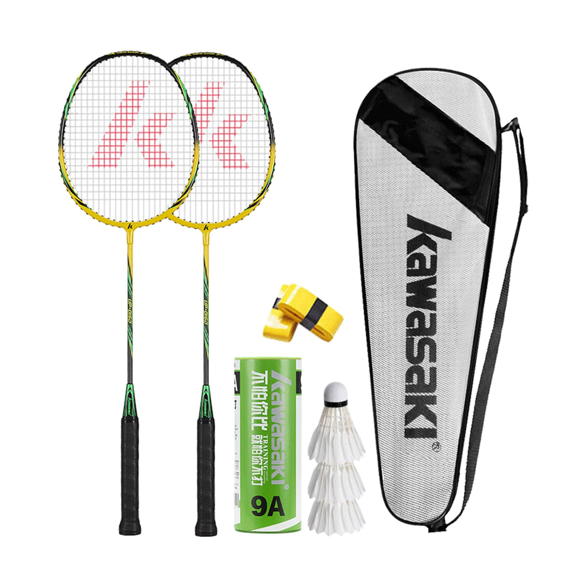 Kawasaki Badminton Rackets, Graphite Shaft Alloy Frame Lightweight Badminton Racket Set of 2 for Training, Sports and Entertainment, with 3