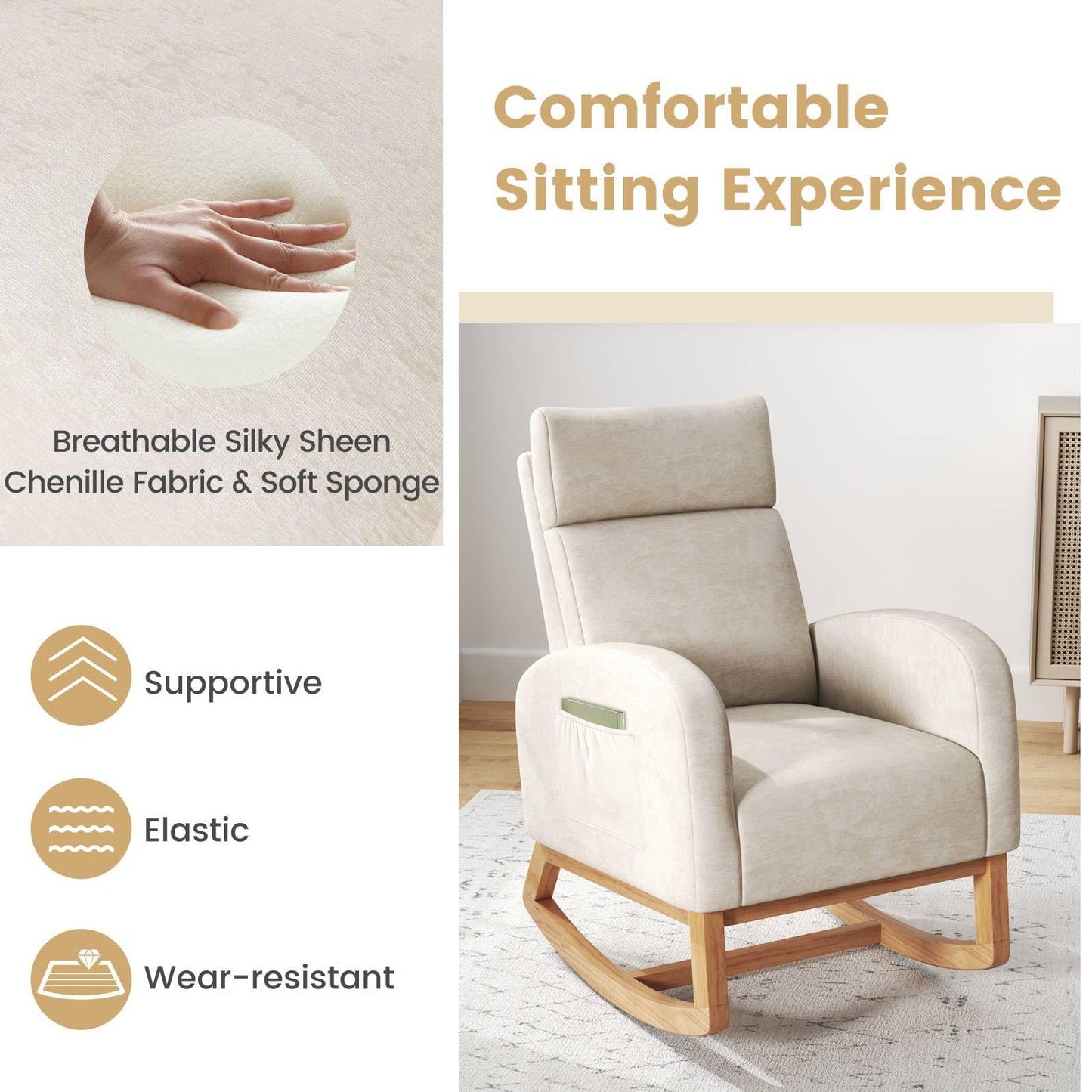 RELAX4LIFE Nursing Rocking Chair, Upholstered Chenille Fabric Relax Rocker Armchair with Headrest, Side Pockets & Solid Wood Legs