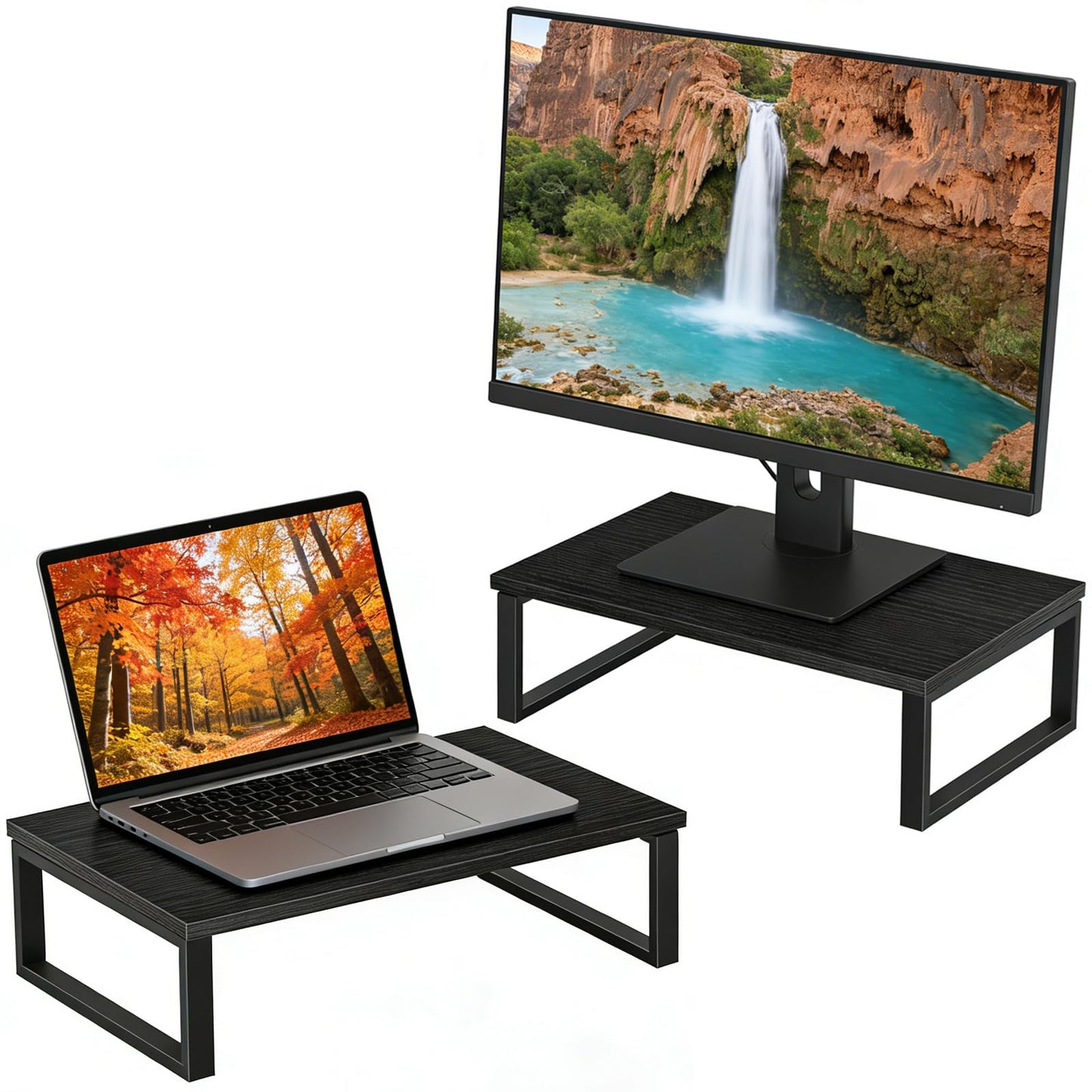 UOMIO Retro Wooden Monitors Stands for Desk Set of 2 Computer Screen Stands Ergonomic Laptop Heightening Stand for Desk Space Saver 40 x 25 x 12.5 cm