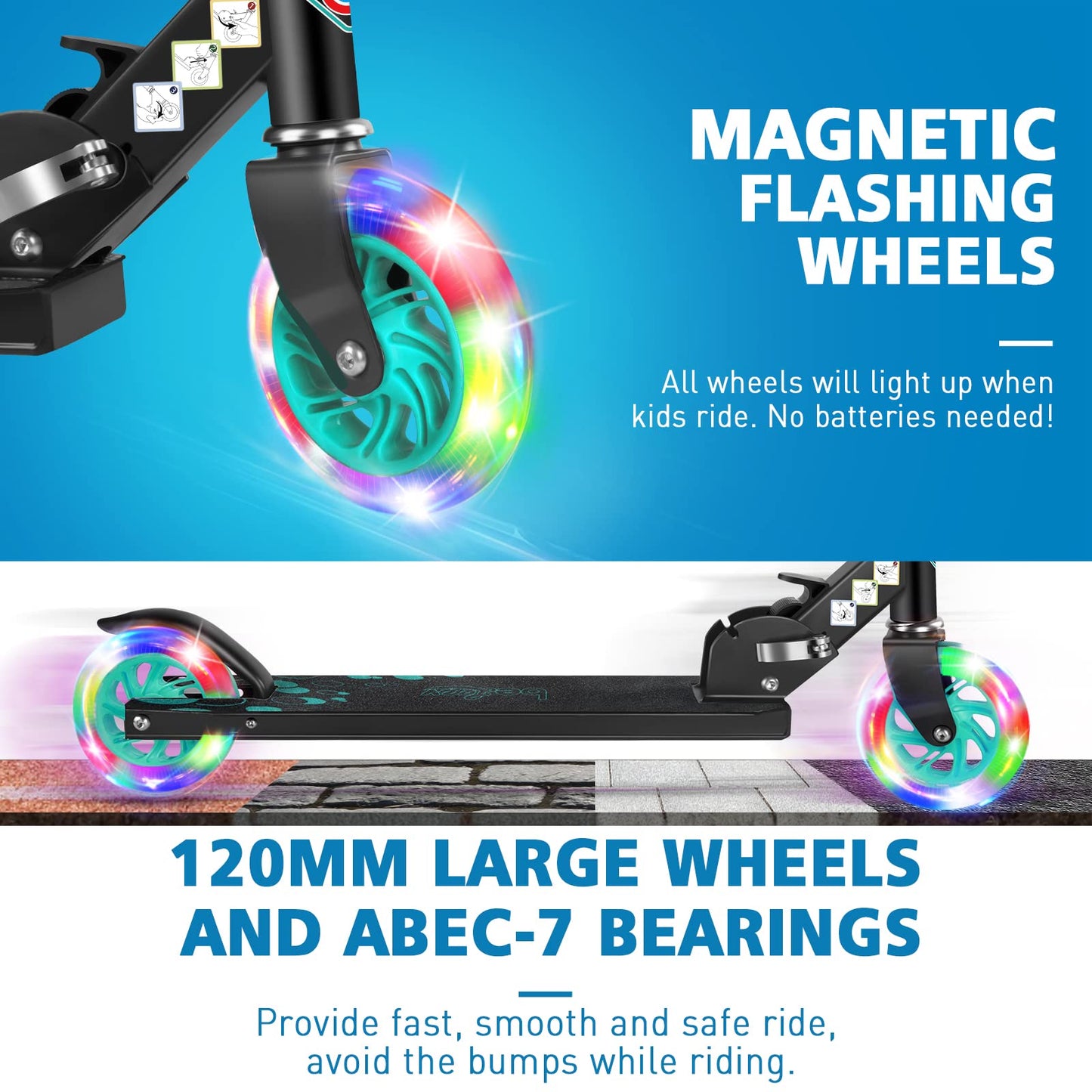 BELEEV V1 Scooter for Kids, 2 Wheels Folding Kick Scooter for Children Girl and Boys, 3 Adjustable Height, Flashing Light up Wheels, Lightweight