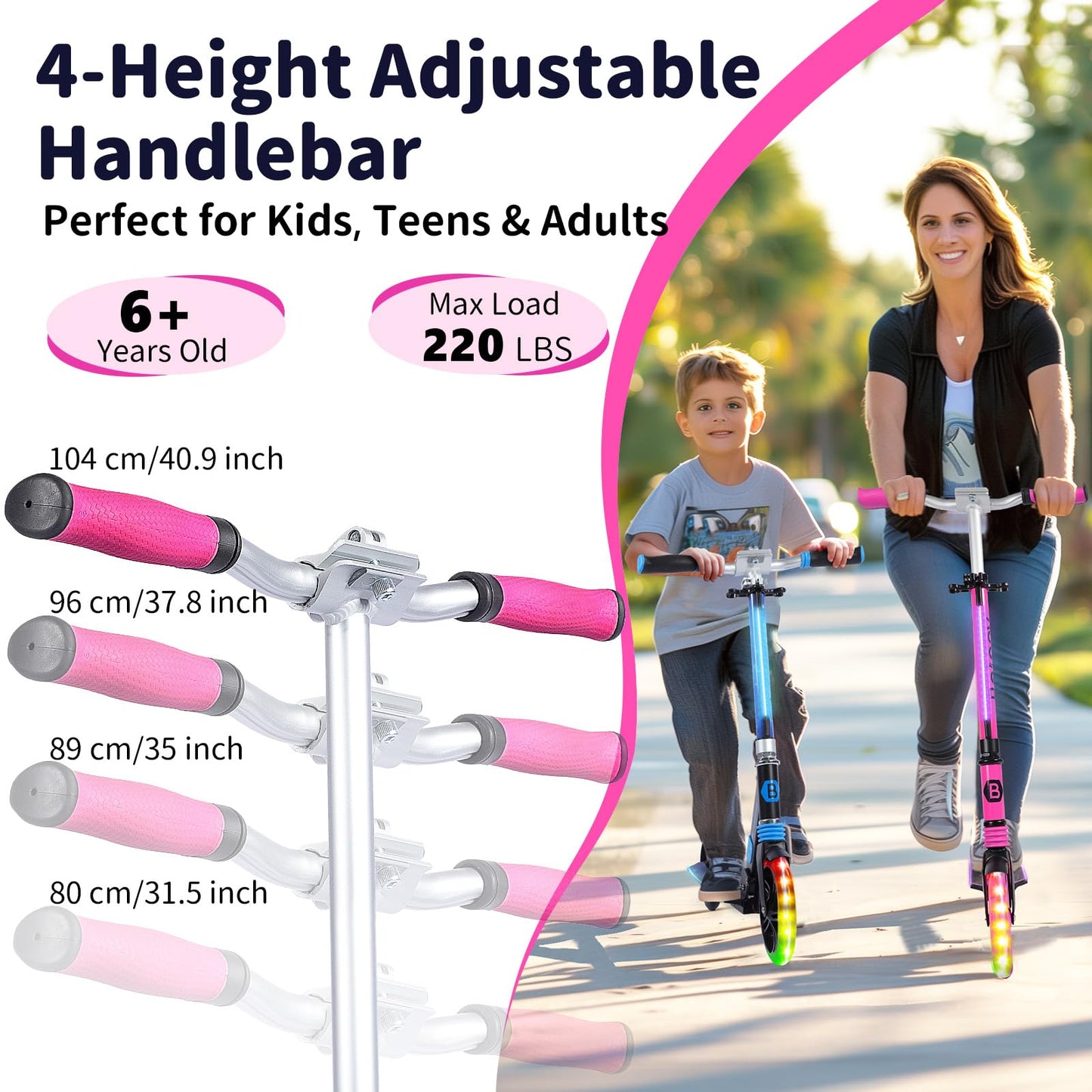 BELEEV V8 Scooters for Kids Ages 6+ with Light-Up Stem & Deck, 2 Wheel Folding Scooter for Adults Teens, 4 Adjustable Height, Lightweight Sport