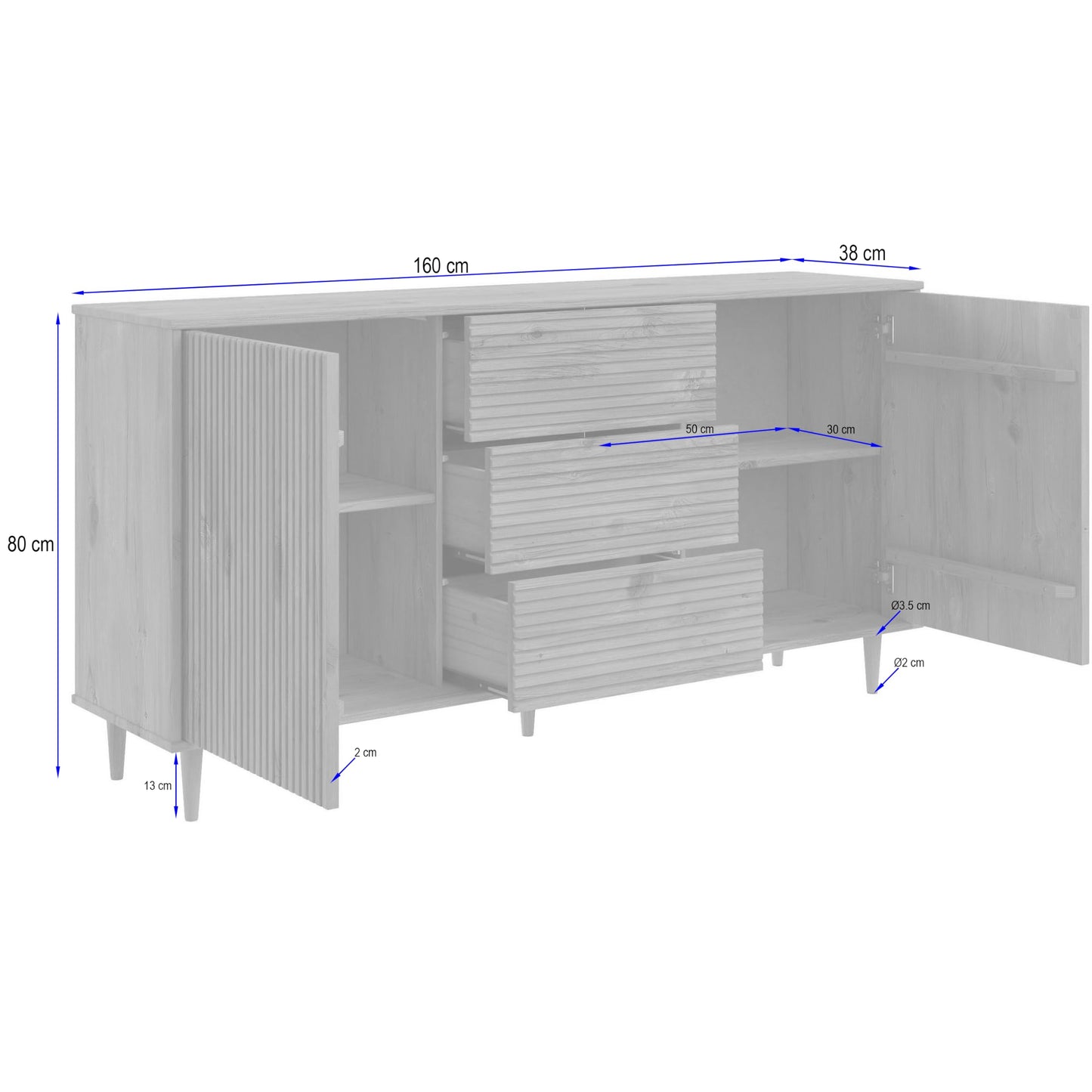 Jerzy Sideboard 160 cm with 2 doors 3 Drawers in Brown, 38x160x80cm (DxWxH)