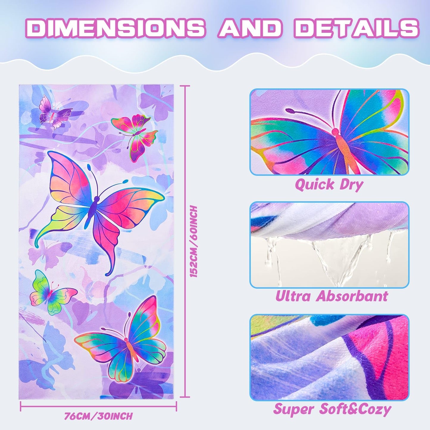 WERNNSAI Butterfly Microfibre Beach Towel for Kids, 76 x 150cm Bath Towel