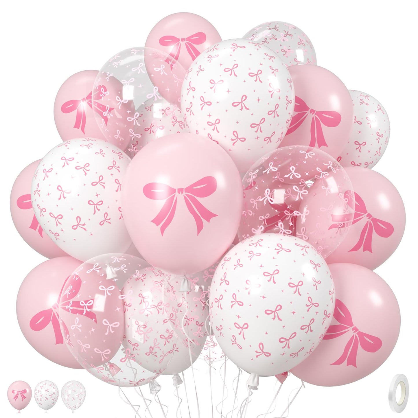 Pink Bow Balloons, 35PCS Light Pastel Pink Clear White Bow Latex Balloon for Girls Women Wedding Bridal Baby Shower Bachelorette Engagement Princess