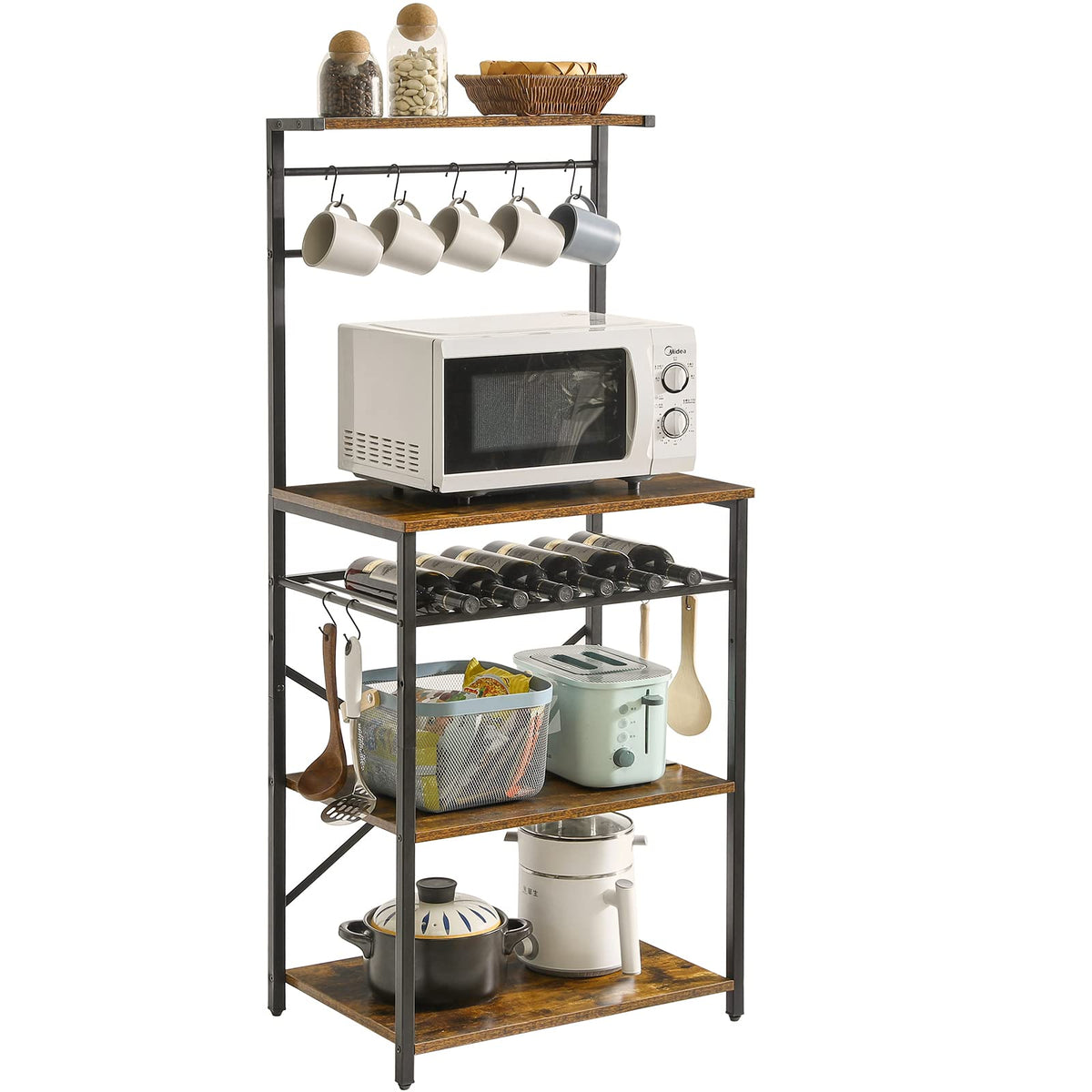 YMYNY Kitchen Baker's Rack, Microwave Oven Stand with Storage Shelves, Industrial Coffee Bar Station, with Adjustable Wine Holders and S-Hooks, Metal