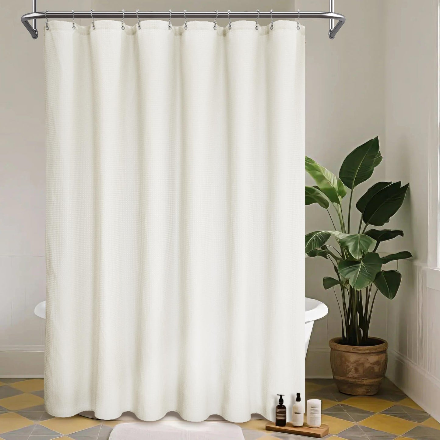 Waffle Weave Fabric Shower Curtain - Spa, Hotel Luxury, Heavy Duty, Water Repellent, Beige - Pique Pattern, 70" x 72" for Decorative Bathroom Curtains