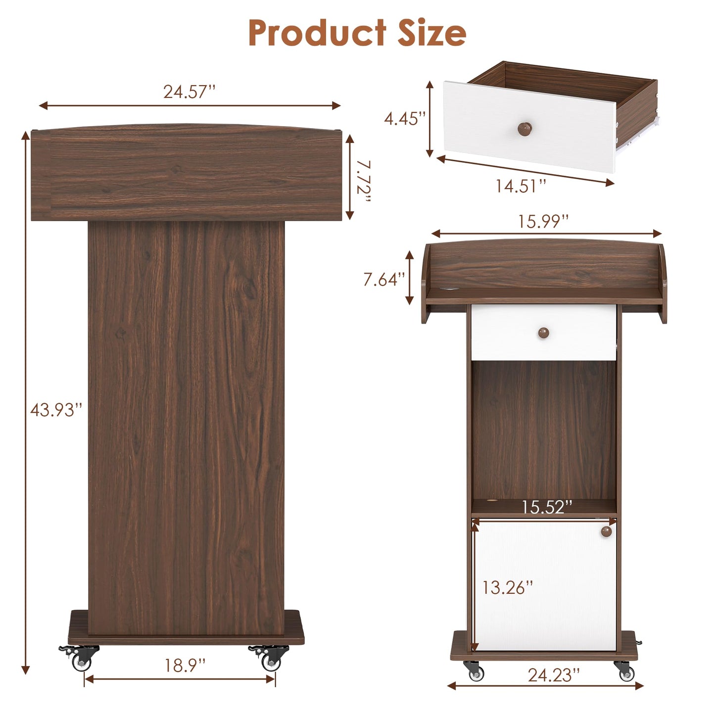 Suuiwau Podium Stand with Drawer, Storage Cabinet and Wheels