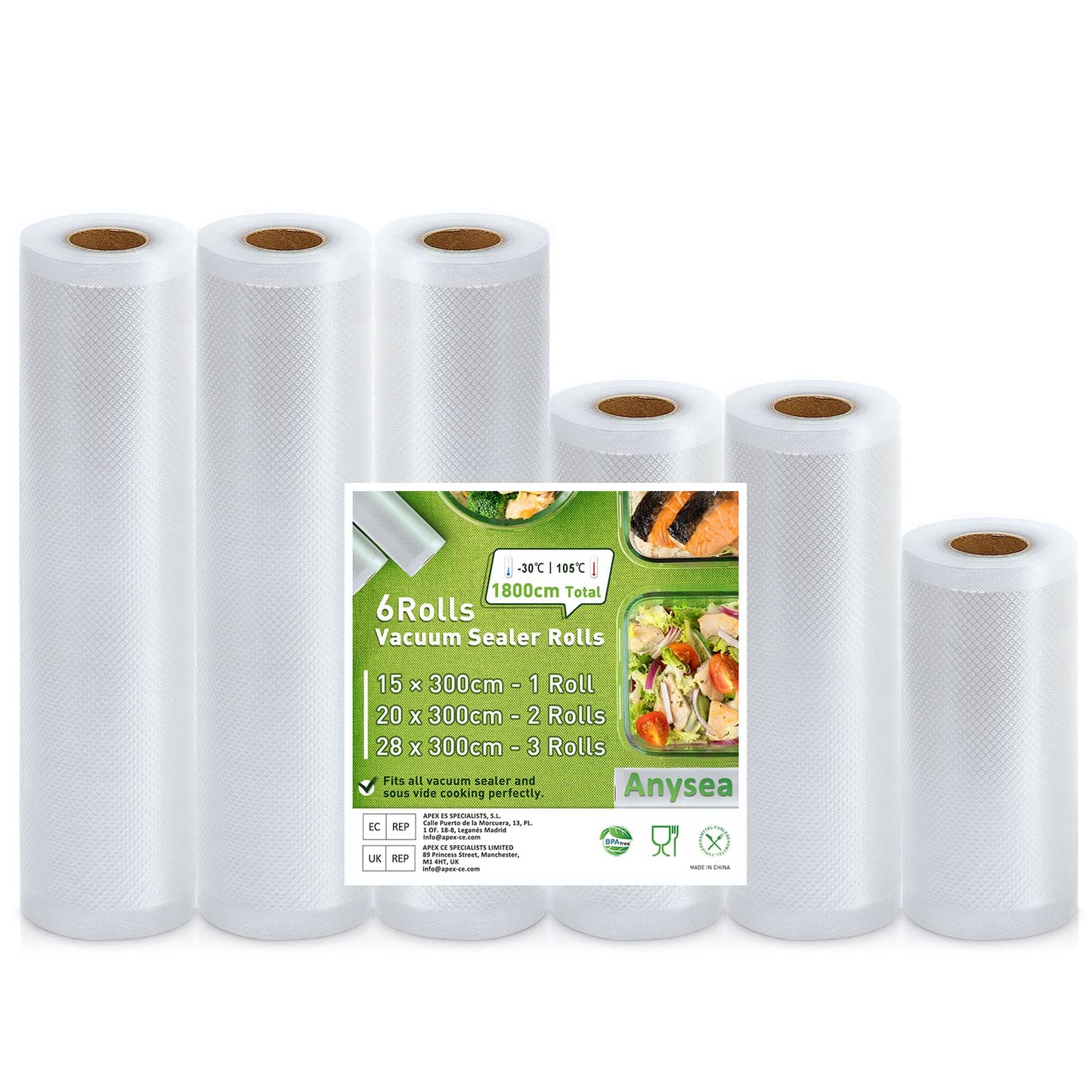Anysea Vacuum Sealer Rolls Vacuum Sealer Bags: 6 Roll 15|20x2|28x3| x300 cm| BPA-Free | Heavy Duty Embossed | Vacuum Seal Food Bags, Food Sealer Saver