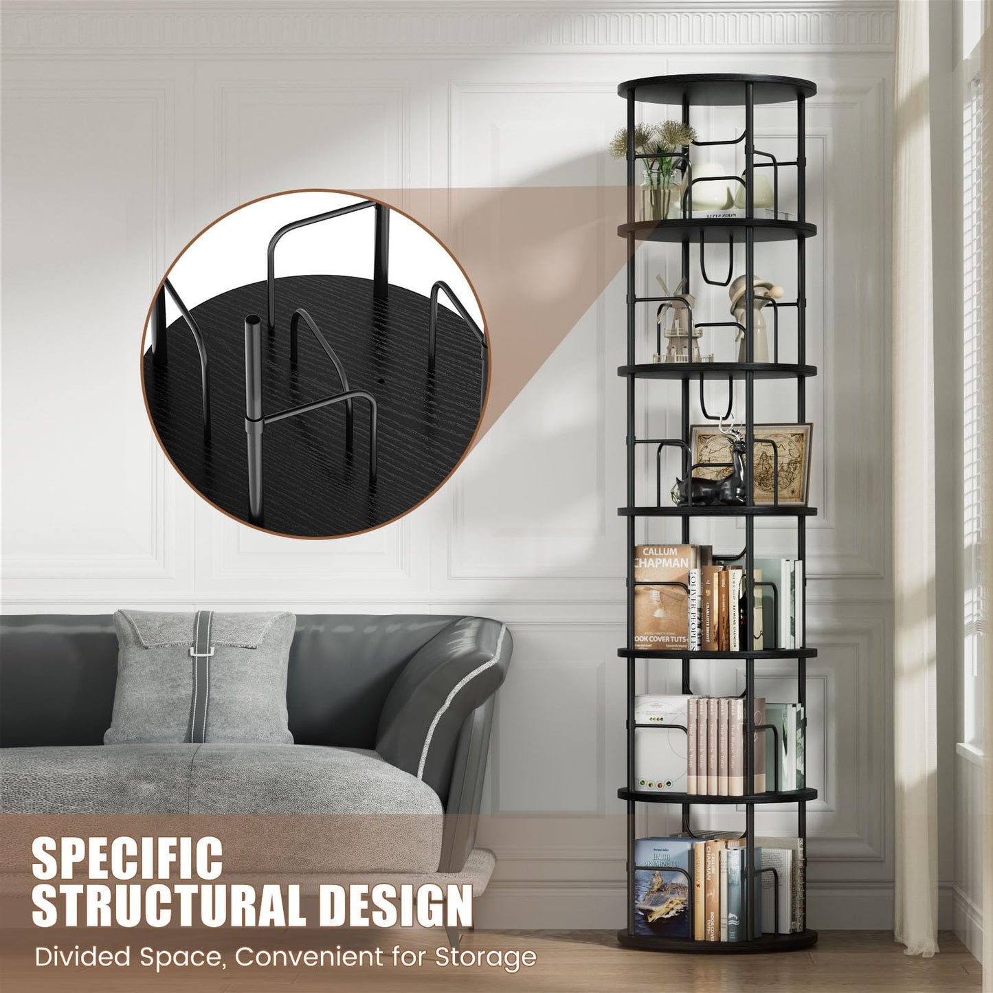 OCTORO 6 Tier Rotating Bookshelf, 360° Corner Bookshelf Tower, Round Revolving Bookcase with Adjustable Levels, Spinning Book Shelf for Home Office