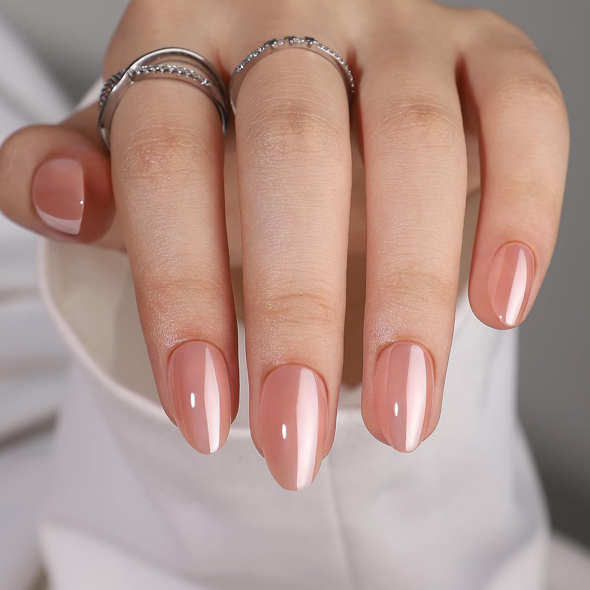 Press On False Nails Short Almond - Findigit Full Cover Glossy Press On Nail,Natural Chrome Nail Tips Glue On Nails, Reusable Stick On Nails in 16