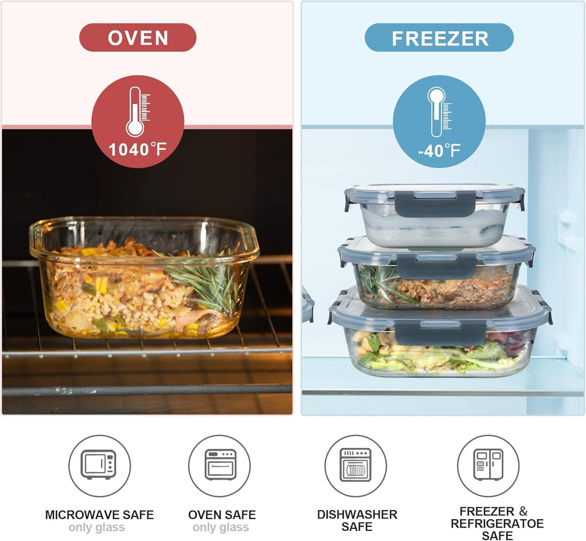 GENICOOK Glass Food Storage Containers with Lids, Meal Prep Containers, Airtight Lunch Containers Bento Boxes with Snap Locking Lids, for Microwave,