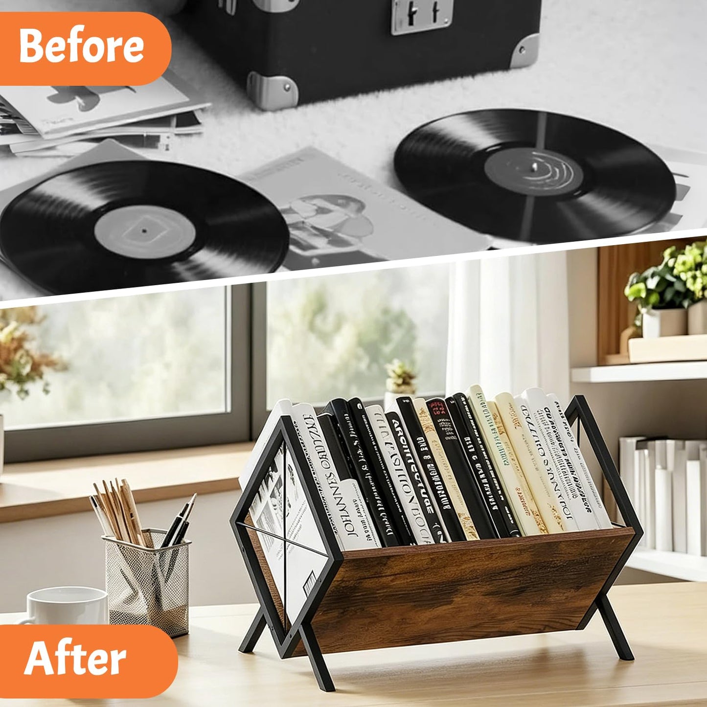 24LP Vinyl Record Storage Rack, Wood & Iron Rack with Adjustable Divider