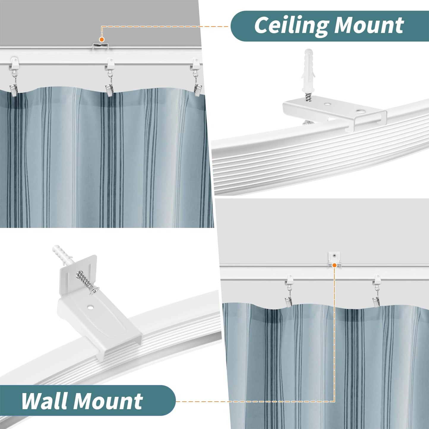 Flexible Curtain Track 4.26m Bendable Bay Window Curtain Rail Ceiling Wall Mount Plastic Heavy Duty Ceiling Track System Set, White 14Ft