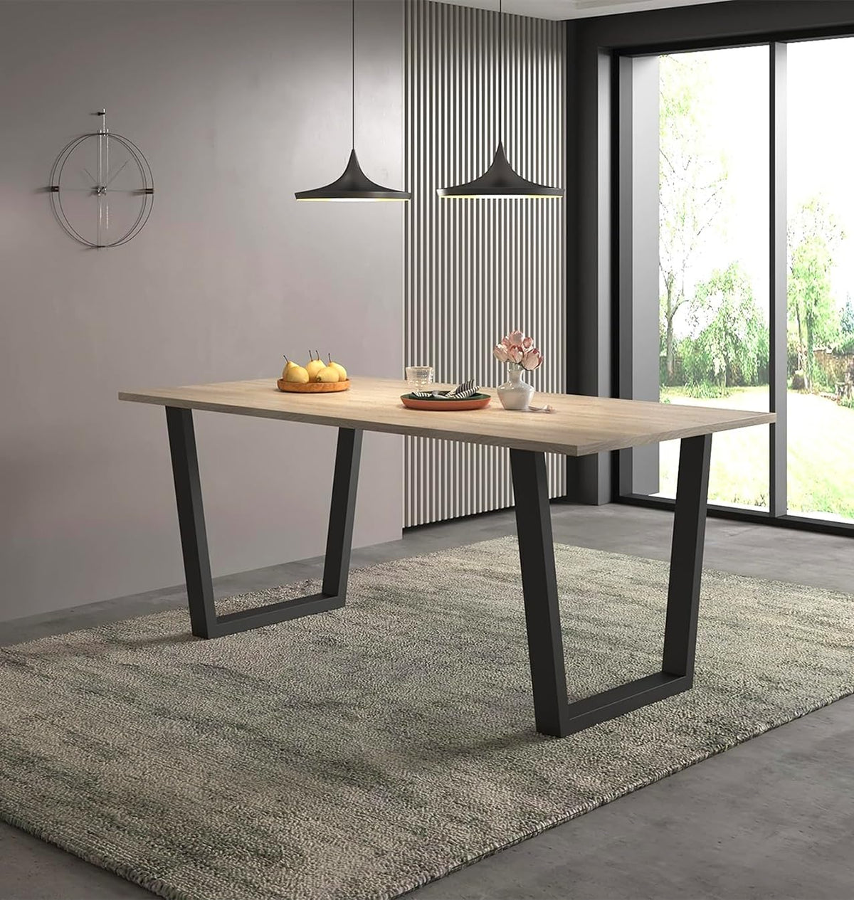 Hallowood Furniture Dudley Large Light Oak Dining Table with Black Legs, Stylish 4-6 Seater 180cm Rectangular Wooden Dining Table with Metal Legs in