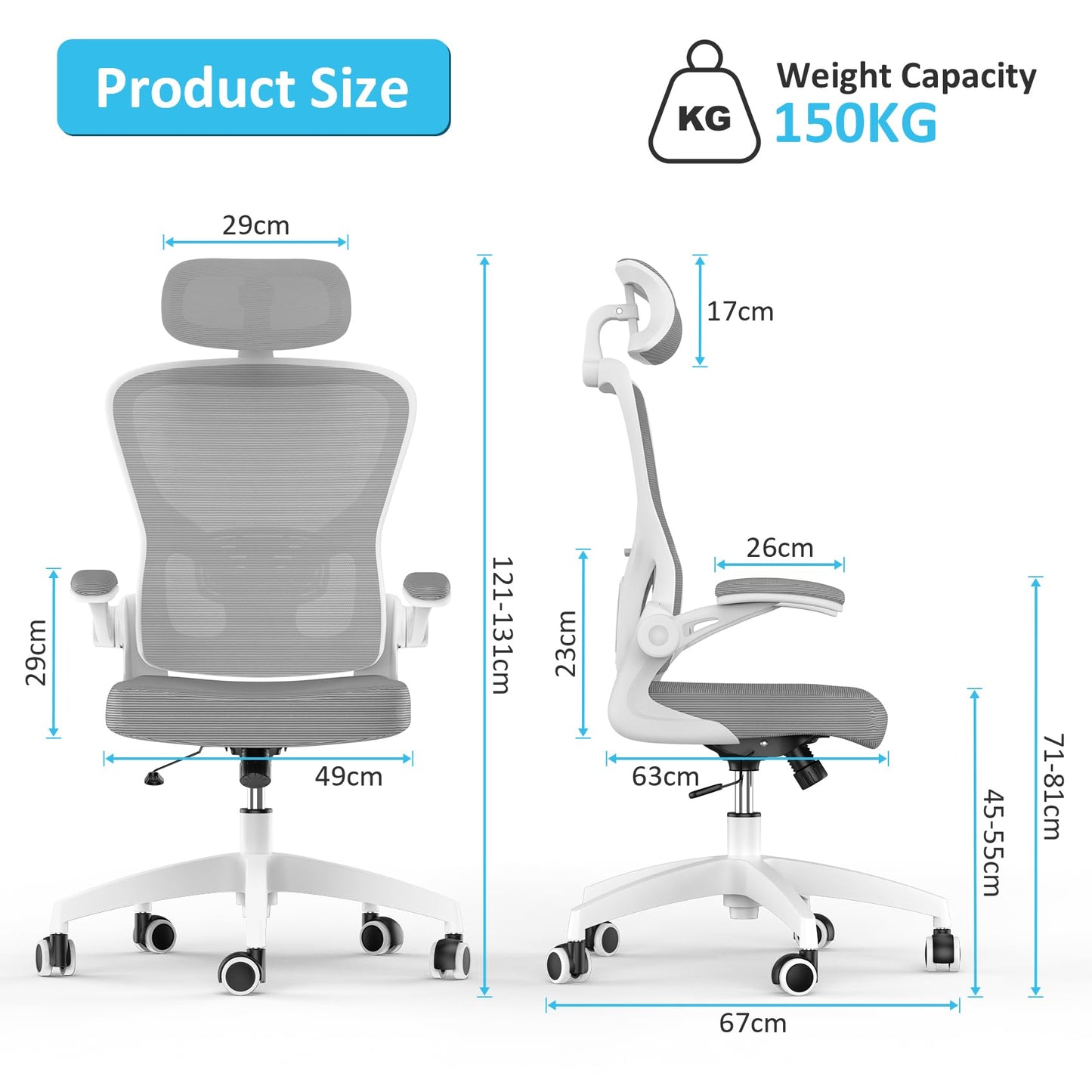 Feonase Ergonomic Office Chair with Adjustable Headrest and Lumbar Support, Mesh Back, Flip-up Armrests and Rocking Function