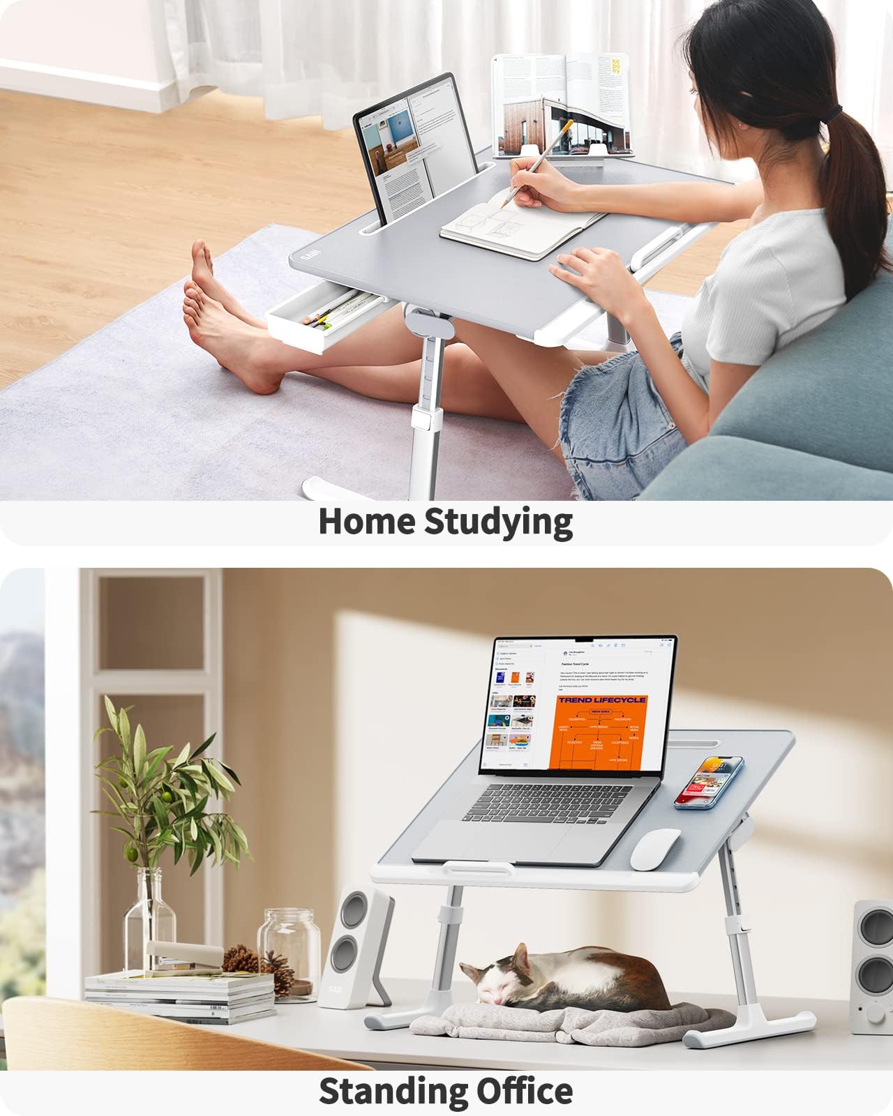 SAIJI Laptop Table, 60 x 50 cm Large Desktop, Multifunctional Bed Table, Height Angle Adjustable, with Book Stand, Drawer, Lap Stopper, Tablet Slot