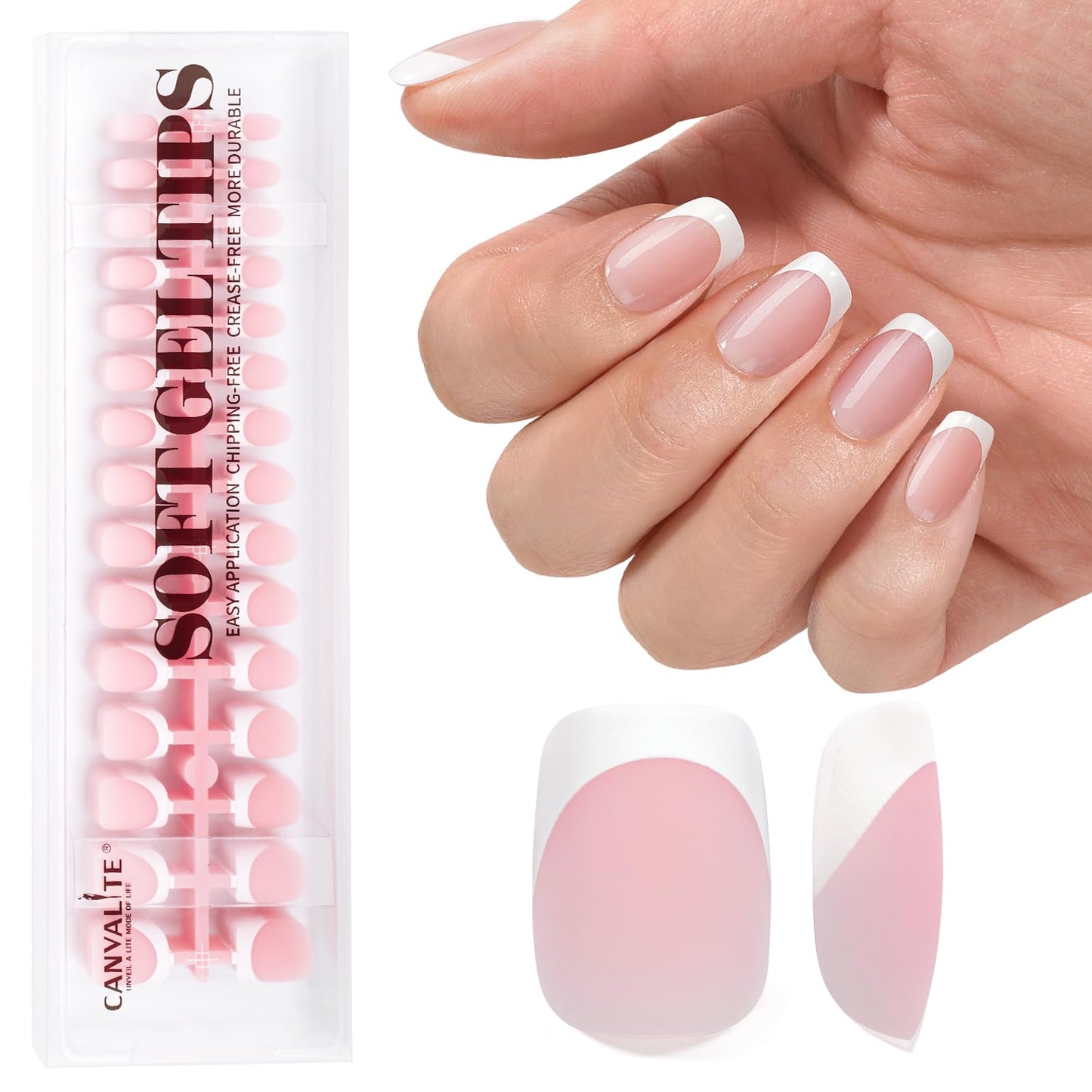 Canvalite 180PCS Short Square Press On Nails - Flexible Pre-Painted White French Tip Gel Nails Nail Tips No File Need DIY Manicure Gifts for Women,