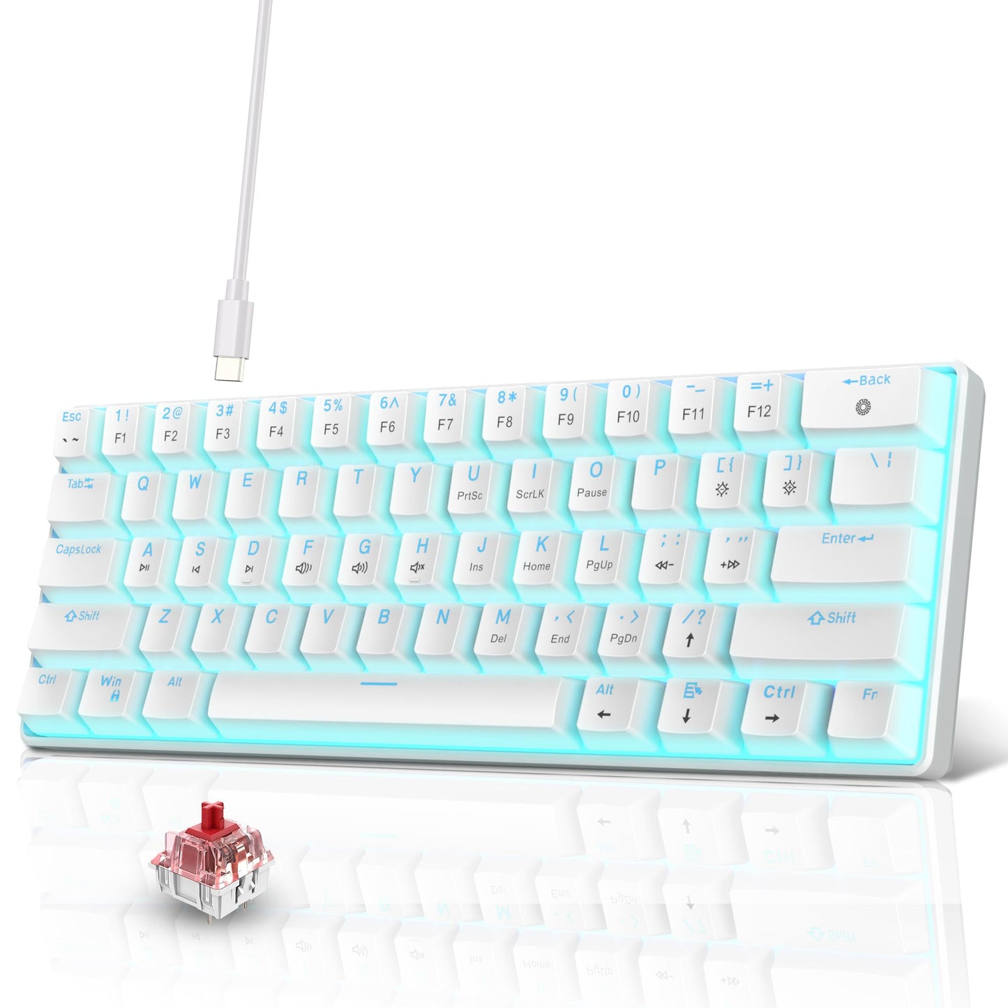 Snpurdiri Portable 60% Mechanical Gaming Keyboard, Ice Blue LED Backlit 61 Keys Mini Wired Office Keyboard for Windows Laptop PC Mac (White,Red