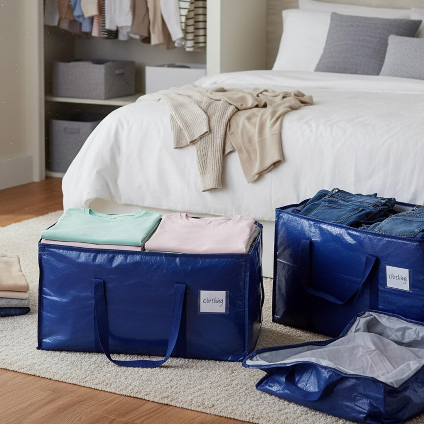 SUNNOW 6 Pack 90L Moving Bags with Handles, College Dorm Storage Bags, Blue