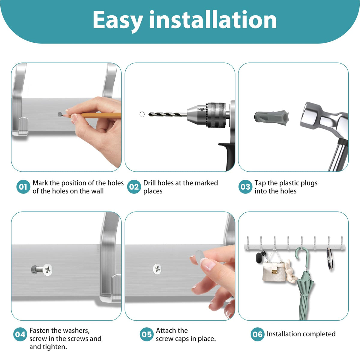MEIJO Coat Hooks Wall Mounted Stainless Steel, Silver Coat Rack Wall Mounted with 6 Hooks Heavy Duty Coat Hooks for Door, Bathroom, Bedroom, Kitchen