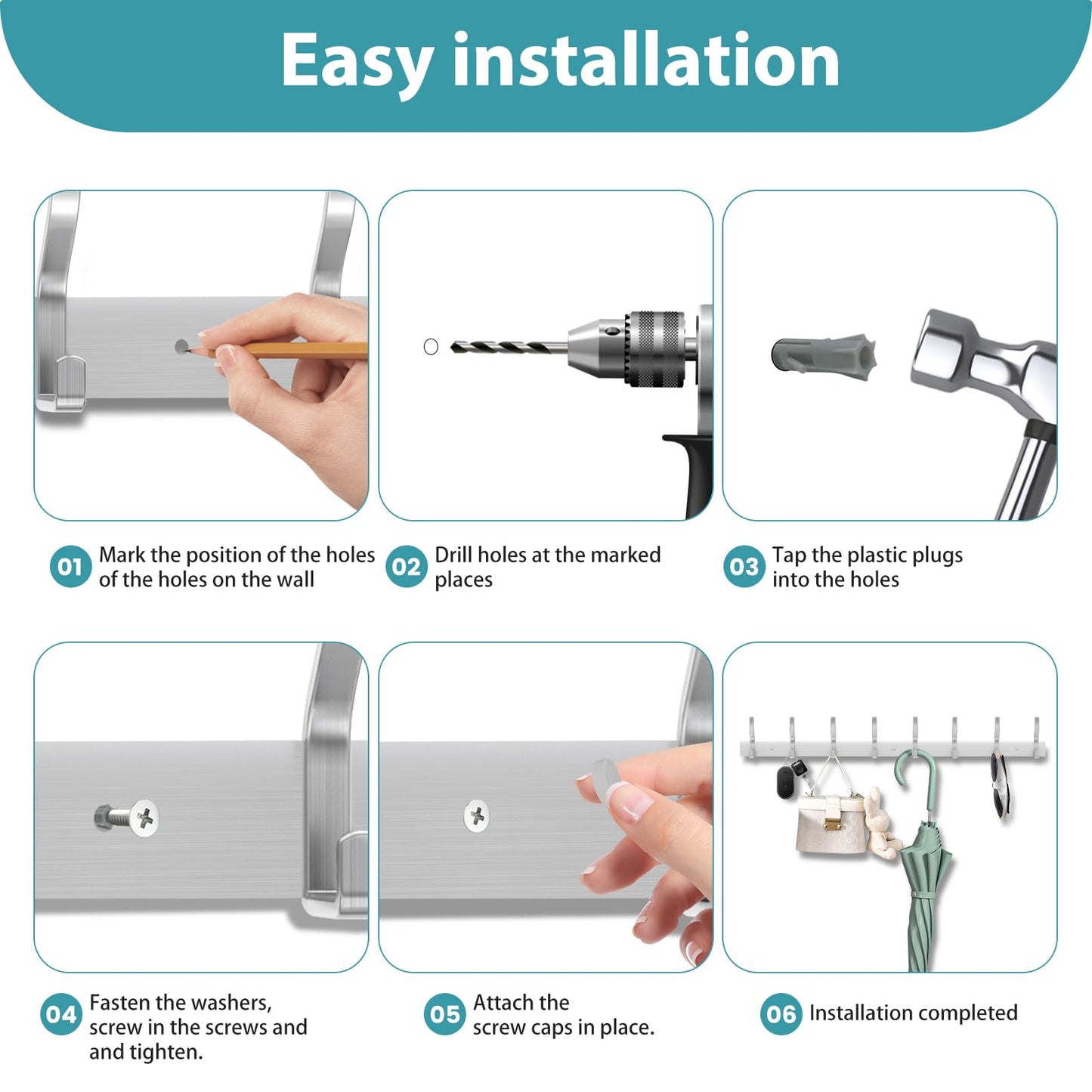MEIJO Coat Hooks Wall Mounted Stainless Steel, Silver Coat Rack Wall Mounted with 6 Hooks Heavy Duty Coat Hooks for Door, Bathroom, Bedroom, Kitchen