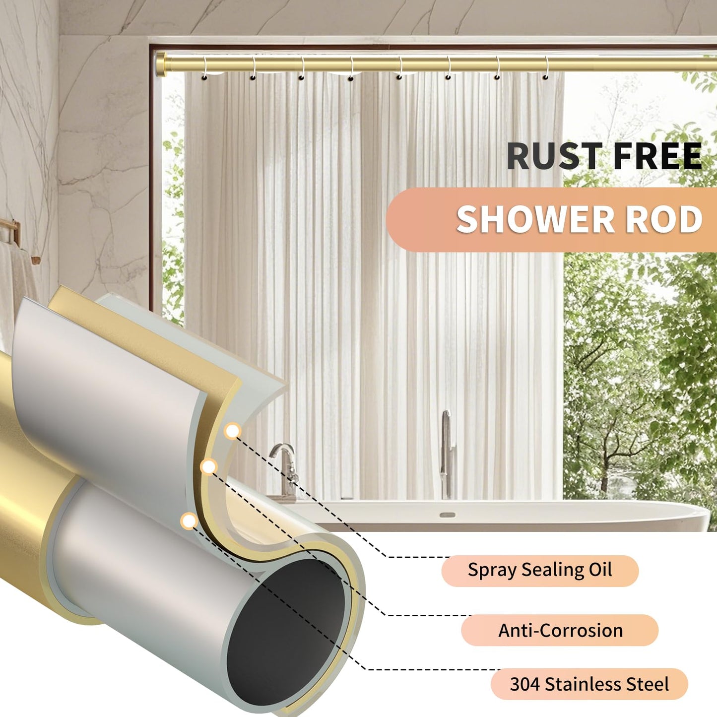 Emlaoe Gold Shower Curtain Rod 34-66 Inches(2.8-5.5ft) Never Rust Adjustable Shower Rod Spring Tension Non Slip No Drilling Shower Rods for Bathroom