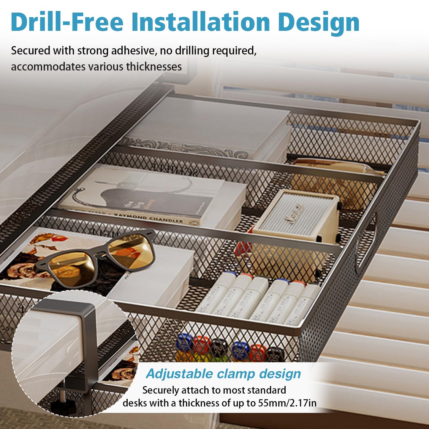 SH-RuiDu Under Desk Drawer Organizer Clamp-On, Fits Desks Up to 2.17″ Thick