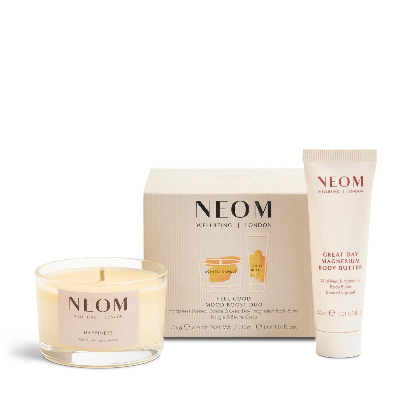Neom Feel Good Mood Boost Duo Gift Set I Contains: Happiness Travel Candle 75g, Great Day Magnesium Body Butter 30ml I 100% Natural Scent I Sprinkle