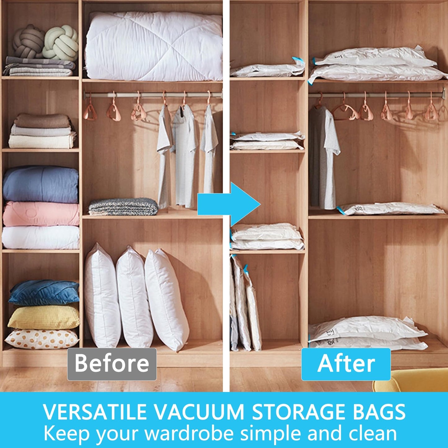 Vacuum Storage Bags - 8 Pack Reusable Strong Space Saver Compression Bags - Vacuum Pack Bags Double Zip Seal Travel Vacuum Storage Bags for Clothes