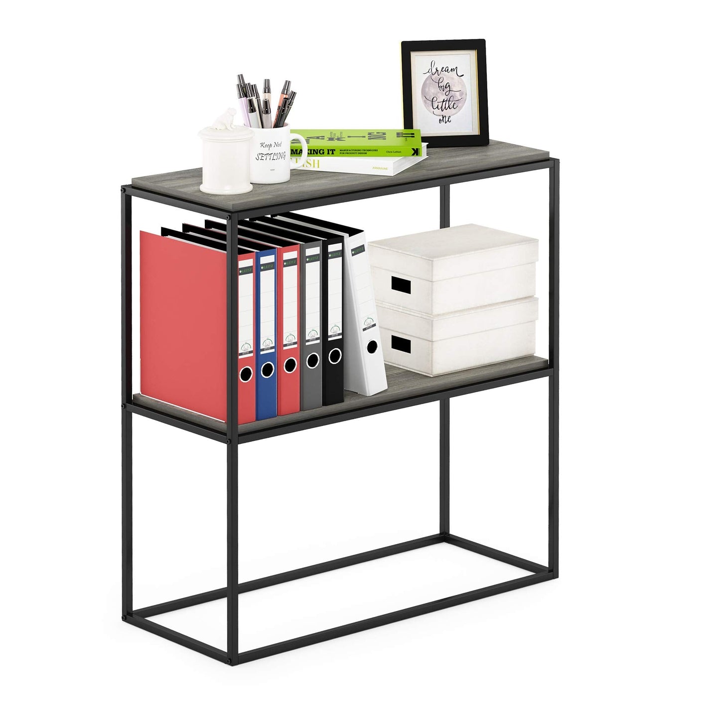 Furinno MORETTI 2-Tier Stackable Grey Book Shelf, Metal Frame Storage Shelves, Rectangular Display Shelf, Easy Assembly, for Organization and Storage
