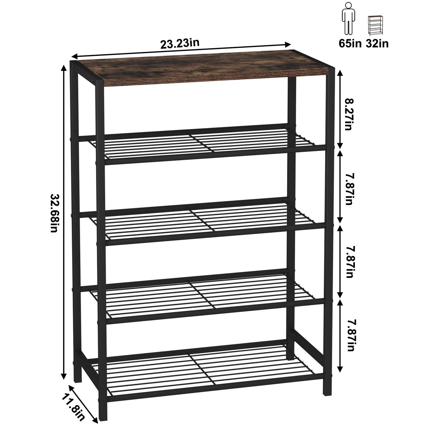 HOME BI 5-Tier Industrial Shoe Rack, Metal Shoe Storage Organizer, Durable Shoe Organizer Shelf for Closet, Hallway, Entryway, Living Room, Rustic