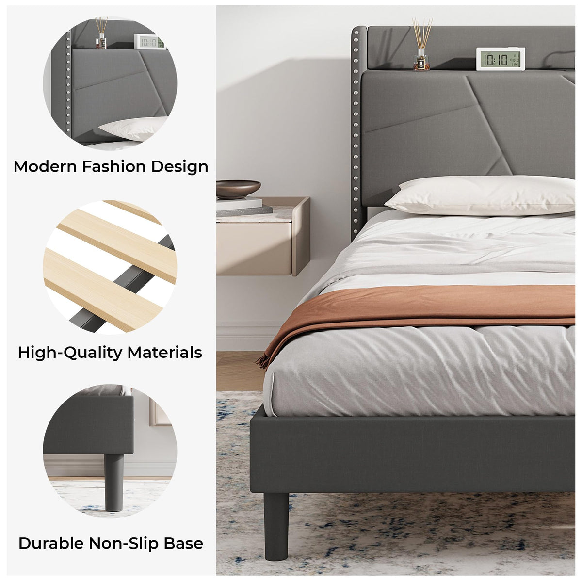 IRONCK 4ft6 Double Bed Frame with Charging Station, Bed Frame Double with Upholstered Storage Headboard, Sturdy Wooden Slat Support