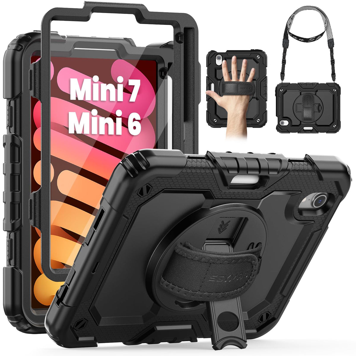 SEYMAC Case for iPad Mini 7th/6th 8.3 inch 2024/2021 A17 pro, Shockproof Full Body Protective Case with Screen Protector, Hand Strap/Stand, Adjustable
