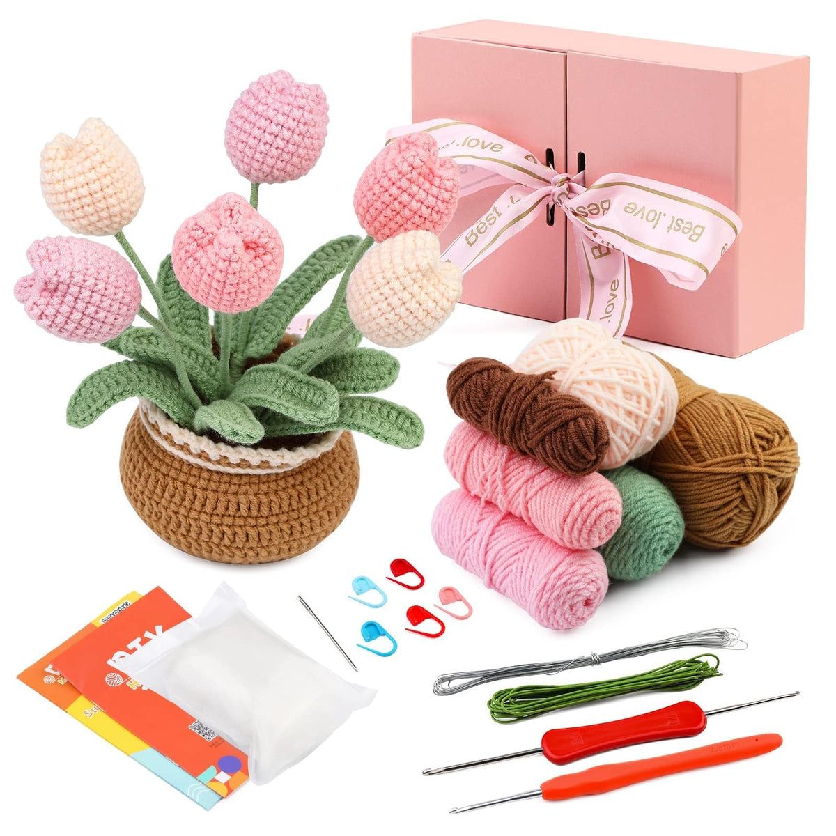ENCHOL Beginners Crochet Kit, Crochet Kits for Beginners Adult, Crochet Potted Flowers, Mother's Day Tulip Potted DIY Crochet Kits with Step-by-Step
