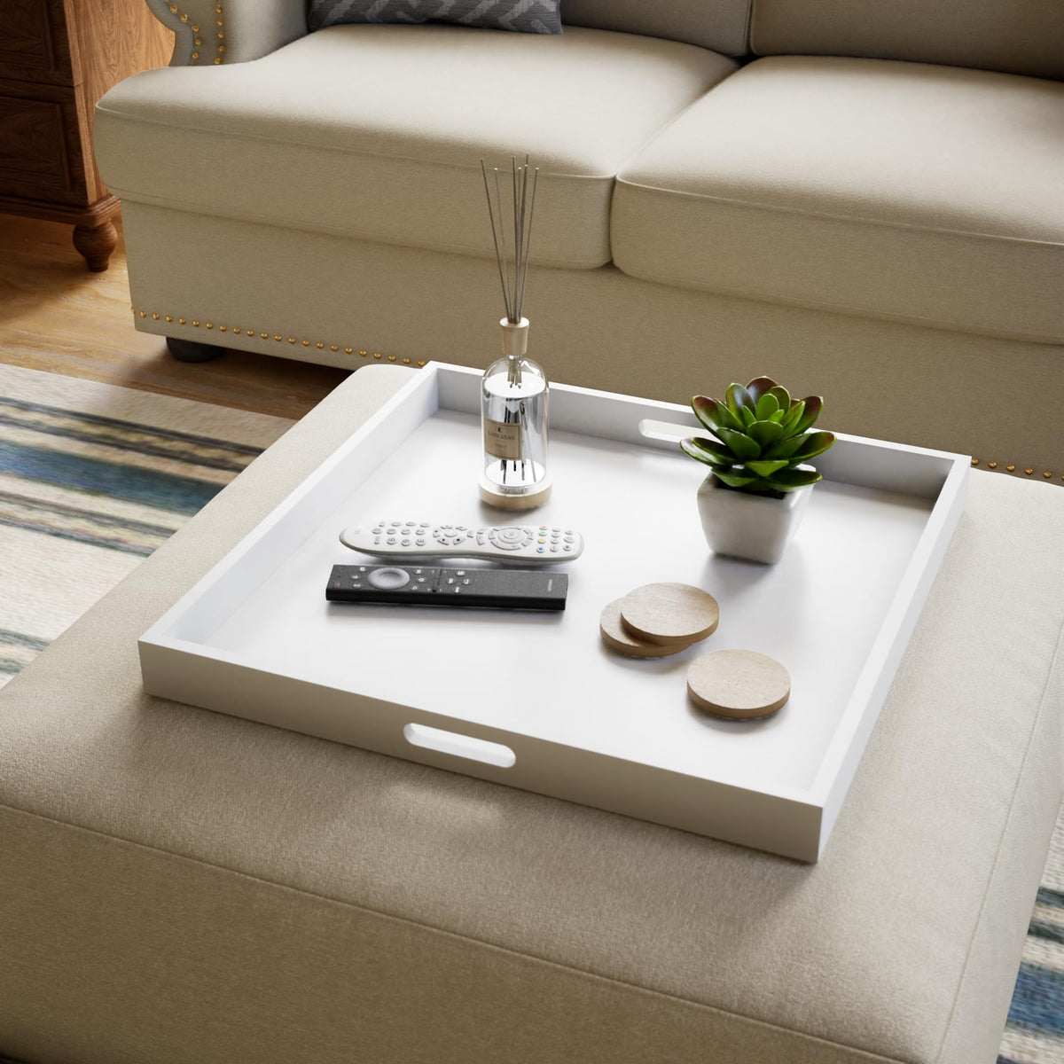 Hanobe Square Large Ottoman Tray: Modern Extra Large White Serving Decorative Trays with Cutout Handles for Living Room Coffee Table Home, 20"