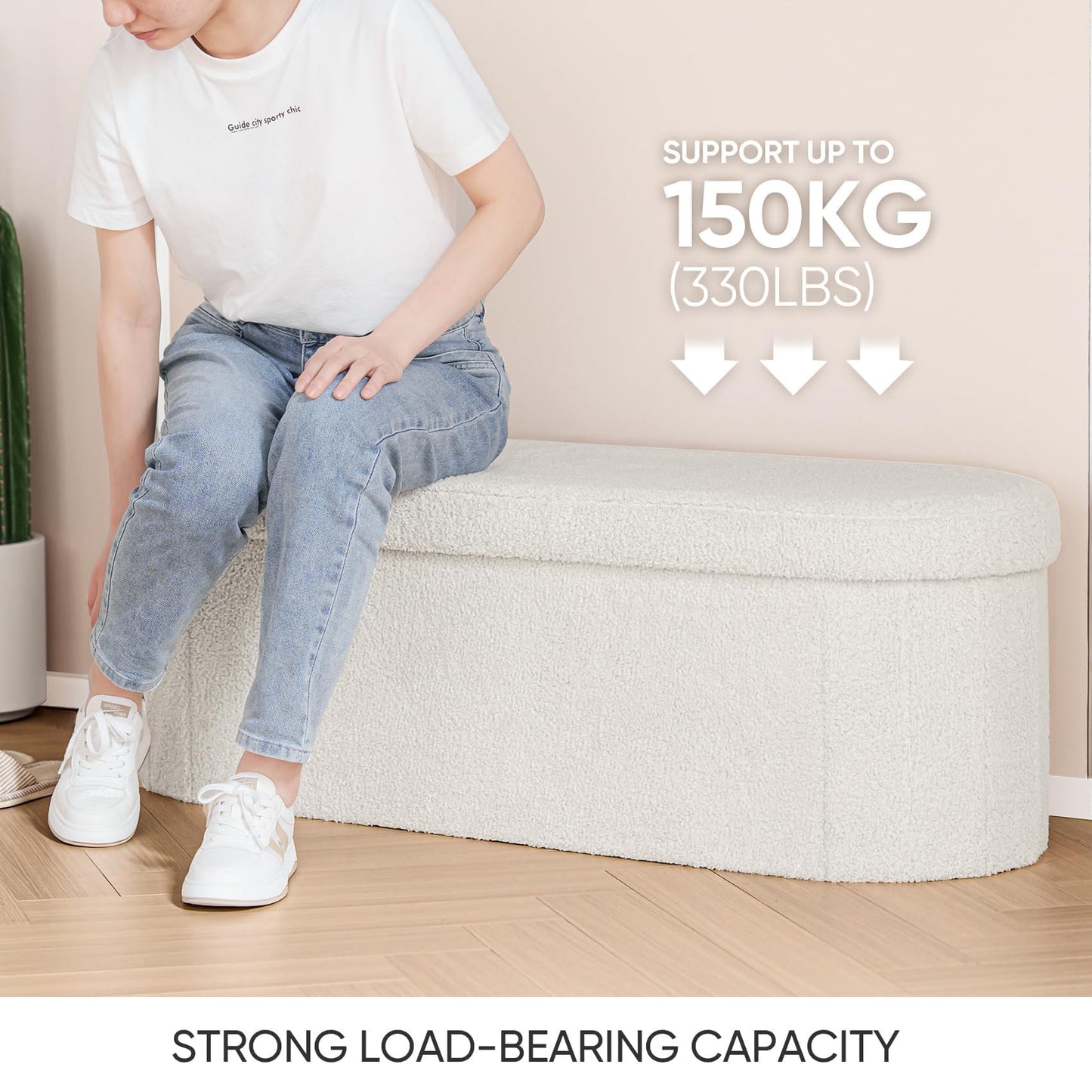 Bonlife Folding Ottoman Storage Bench,Boucle Footstool Oval, End of Bed Stool, Ideal for Living Room, Bedroom, 100L Storage Space,White