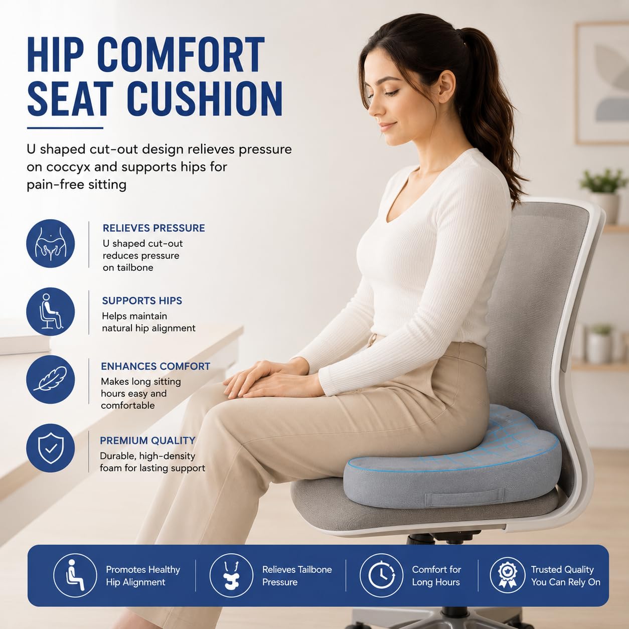 Wonder Care Orthopedic Coccyx Cusion | High Density Memory Foam for Back Pain, Sciatica, Tailbone Relief (Velvet Cover, 70Kg)