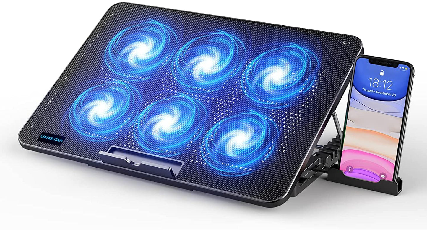 LIANGSTAR Laptop Cooling Pad, Laptop Cooler with 6 Quiet Fans at 2100RPM, Laptop Stand with Phone Holder, 7 Heights Adjustable & USB Powered, suitable