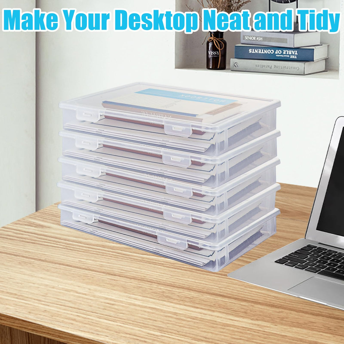 WOPPLXY 6 PCS Plastic A4 Storage Boxes with Lids, Clear A4 File Portable Project Case Organiser, Stackable File Paper Box for Document, Stationery