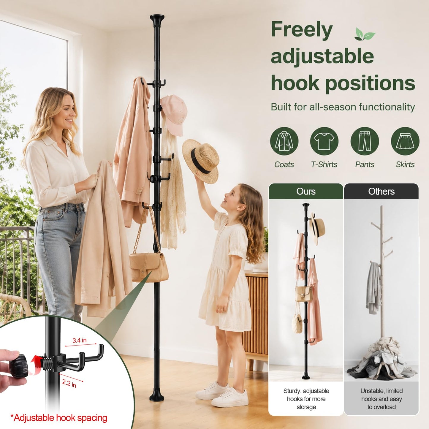 Sempicad Coat Rack Freestanding, 56 to 125 inch Adjustable Tension Rod Hanger with 12 Hooks for Hanging Coat, plant,Jacket, Hat, Scarf