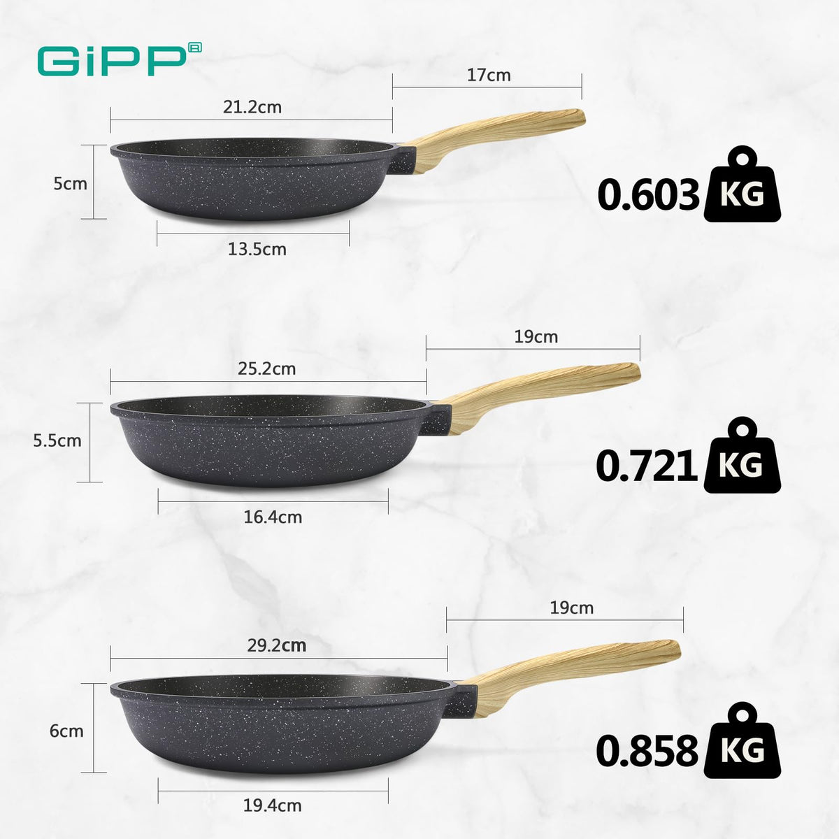 GiPP Non Stick Frying Pan Set - 20/24/28cm Grey Nonstick Pan Skillet, Non Toxic Pans for Cooking, Omelette Pan with Stay Cool Handle, Easy to Clean,