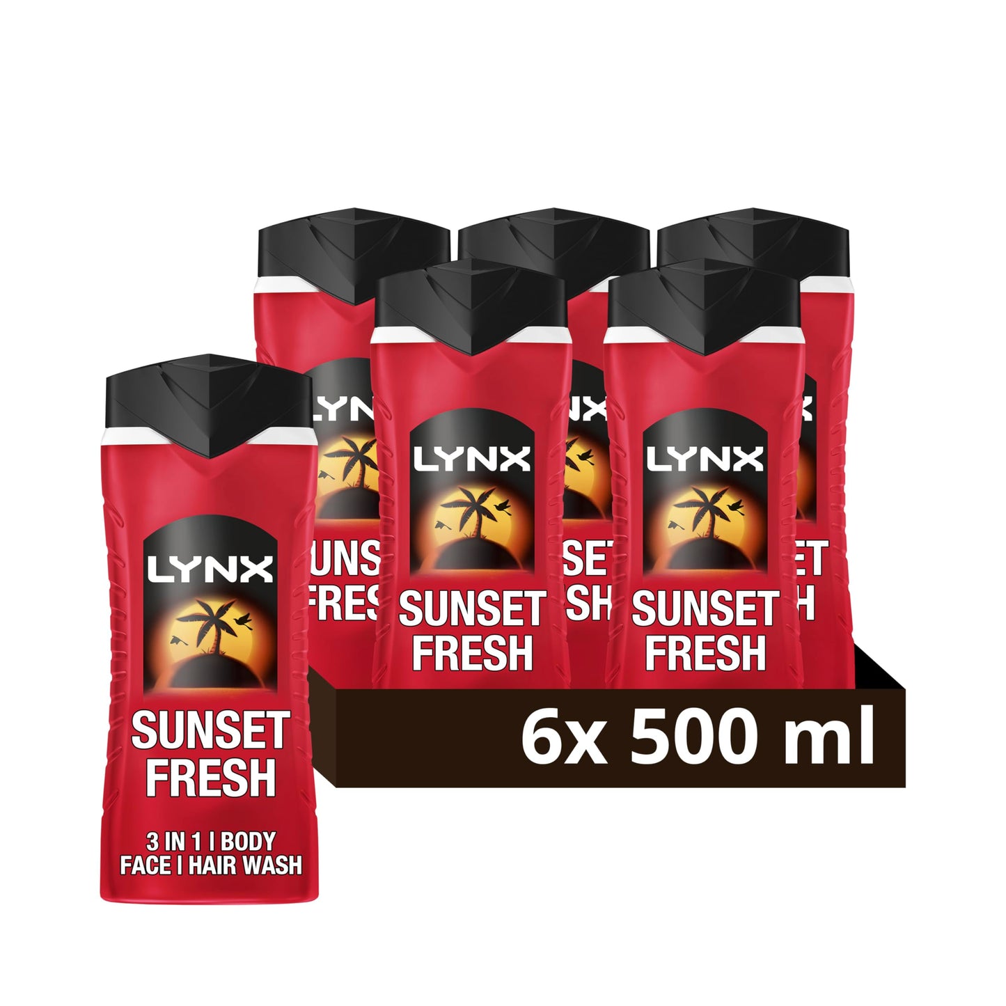 Lynx Men Sunset Fresh 3-in-1 Hair, Face and Body Wash with a mango & mandarin scent and all-day freshness 500 ml, Pack of 6