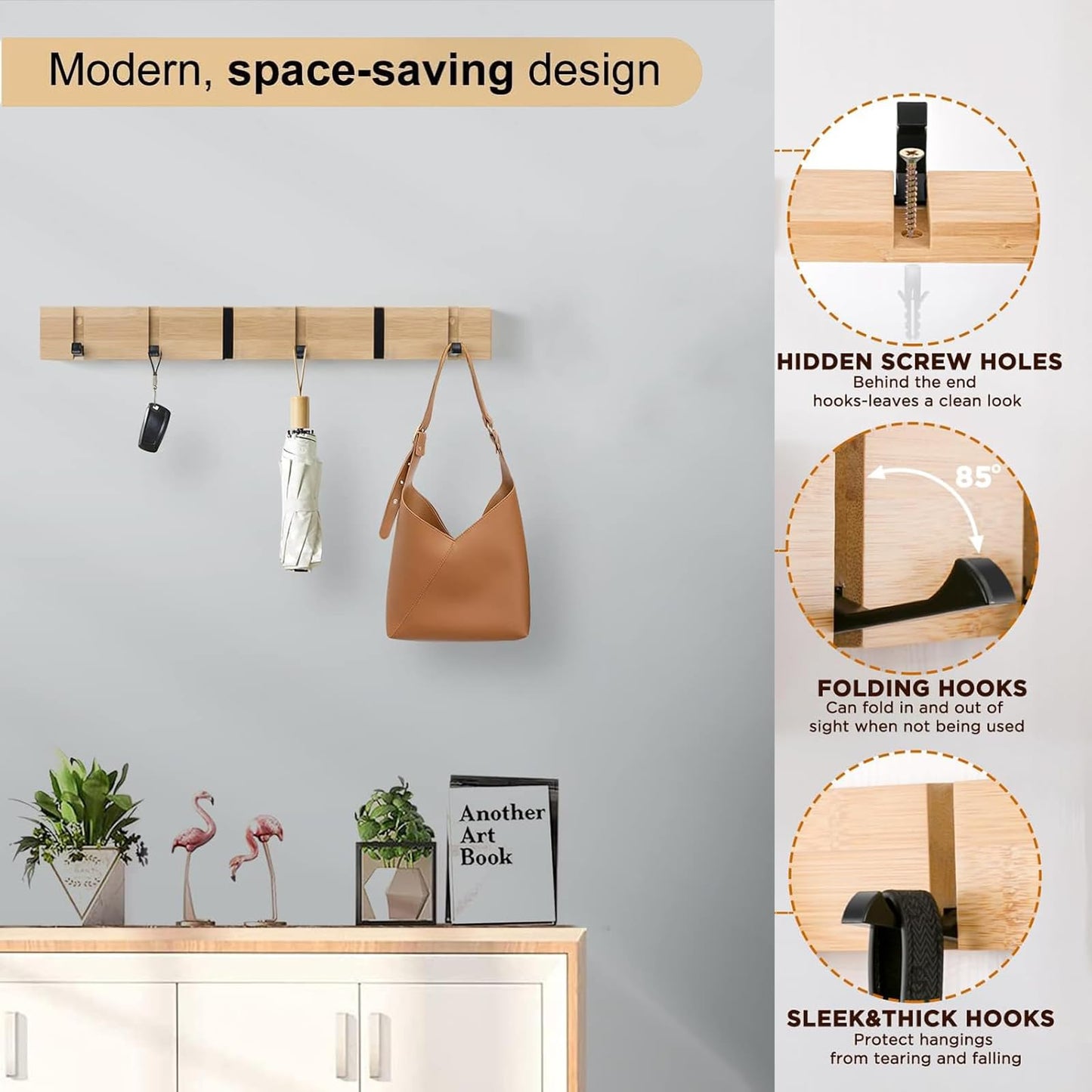 EHIOG Flip 5-Hook Wall Mounted Coat Rack, Wooden Modern Flip Down for Hanging Hats, Sleek, Wood Heavy Duty Entryway Wall Hangers for Hanging Towels