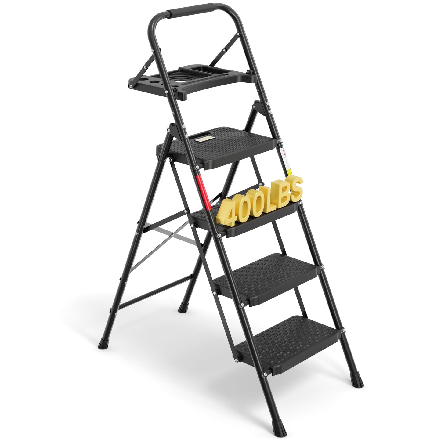 BONTEC 4 Step Ladder Folding, Heavy Duty Foldable Step Stool with Wide Anti-Slip Pedals, Sponge Handrail and Tool Tray, Portable Household Ladder