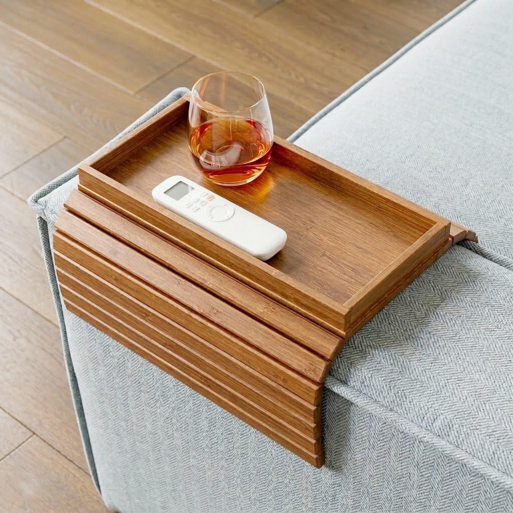 DETOR Sofa Arm Tray with Spacious 31.5 × 14 cm Storage Box, Acacia Stained Bamboo Finish, Enhanced Non-Slip Felt Base, Fits Armrests 15.5 cm and Wider