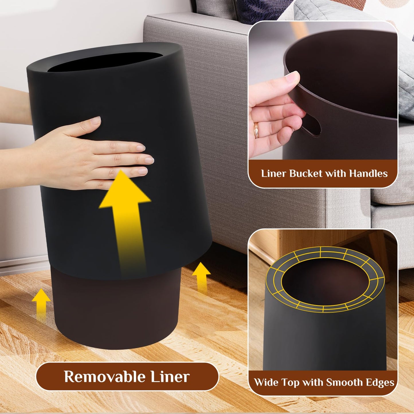 Black Bathroom Bin 12L With Inner Bucket, Hidden Bag Design, 2 Pack Modern Open Top Touchless Bathroom Can, Minimalist Plastic Bin for Bedroom