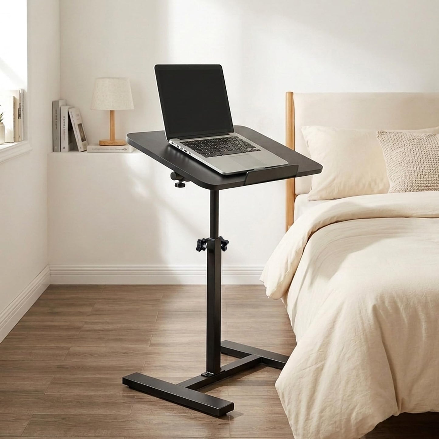 Simcat C Shaped Side Table Adjustable Height,360°Swivel Overbed Table, Top Tilting Laptop Stand Tray Tables with Wheels