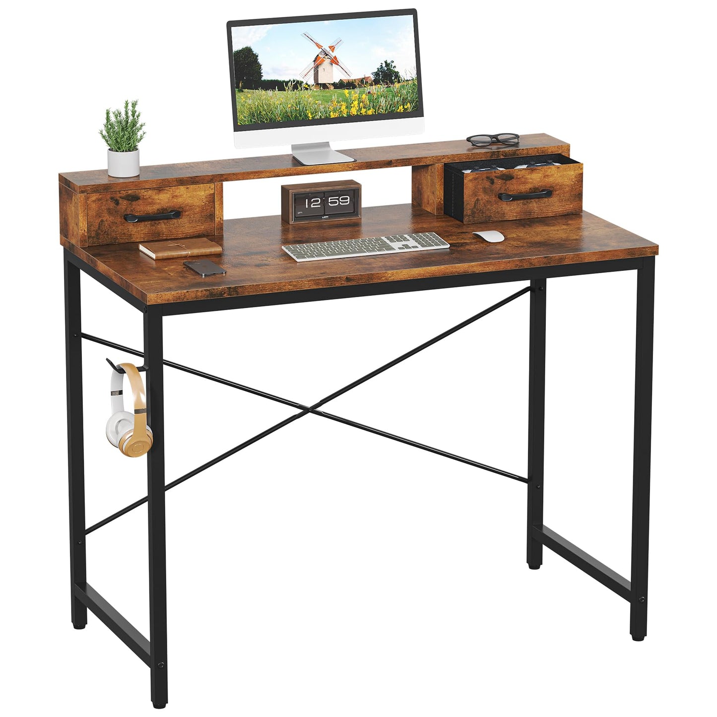 Feonase Industrial-Style Computer Desk with Elevated Monitor Riser & Dual Drawers – 100cm Wide MDF Desktop for Home Office