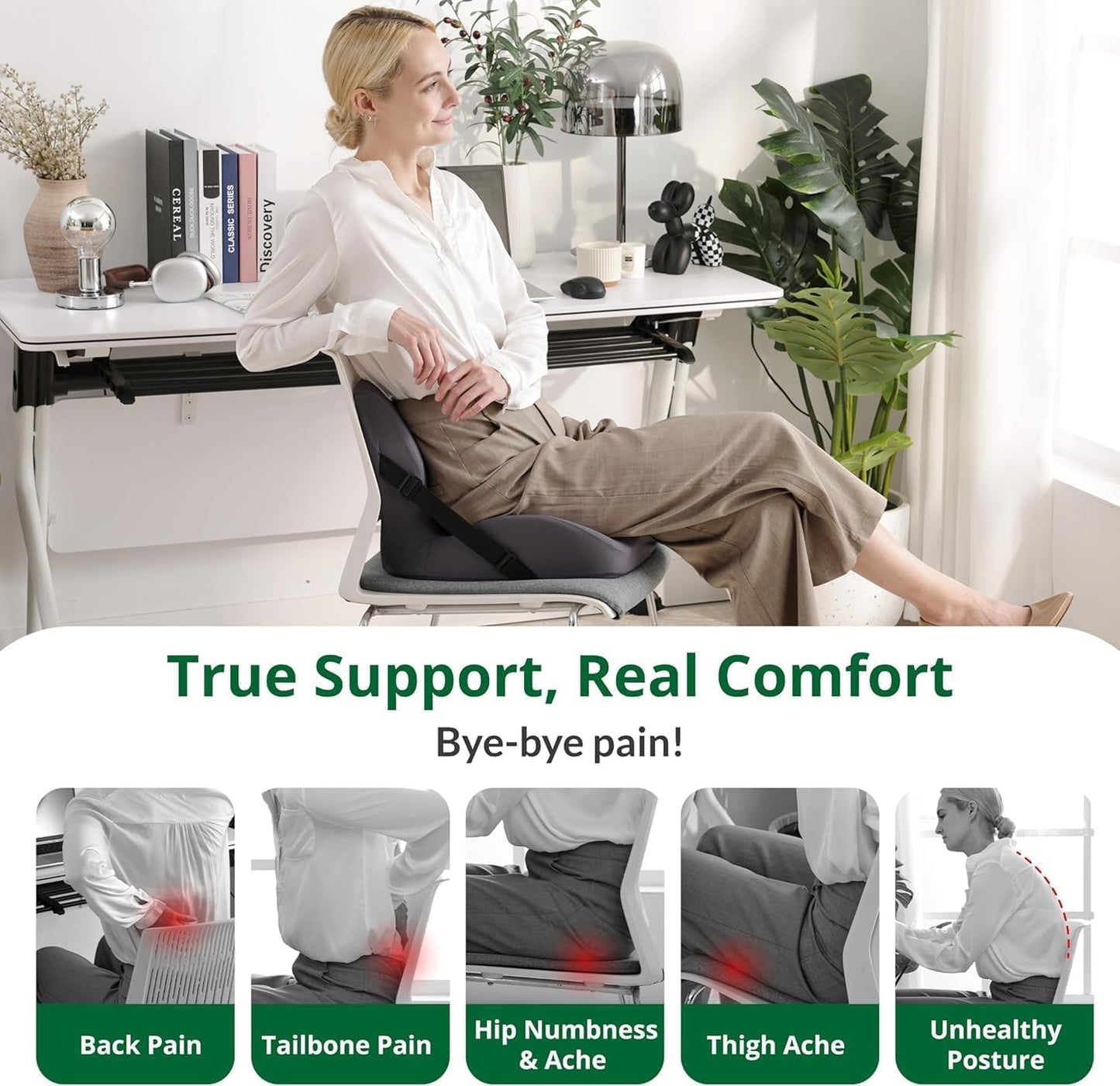 HoldOneLight Memory Foam Seat Cushion – Ergonomic Tailbone Pain Relief Cushion – Non-Slip Seat Pad for Office Chair & Car Seat – Grey